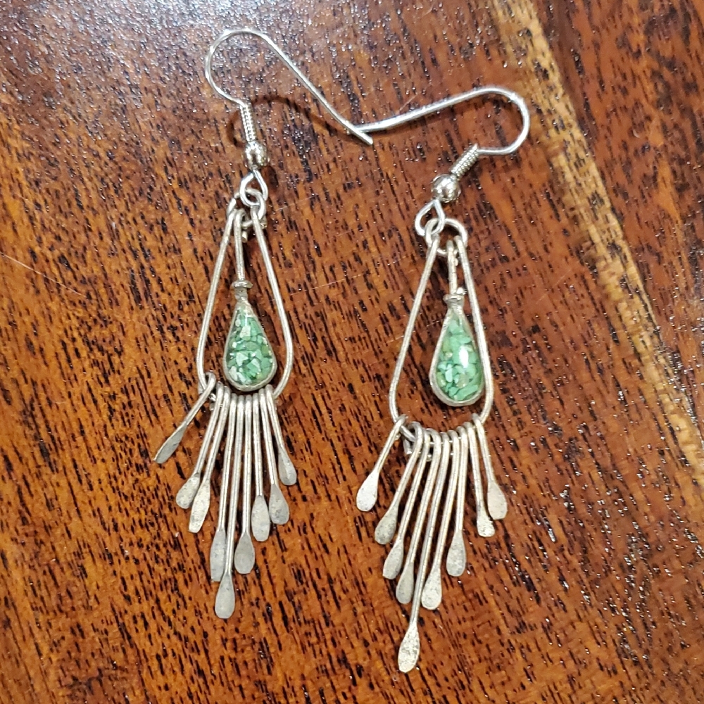 Elegant Vintage Silver and Green Dangle Earrings